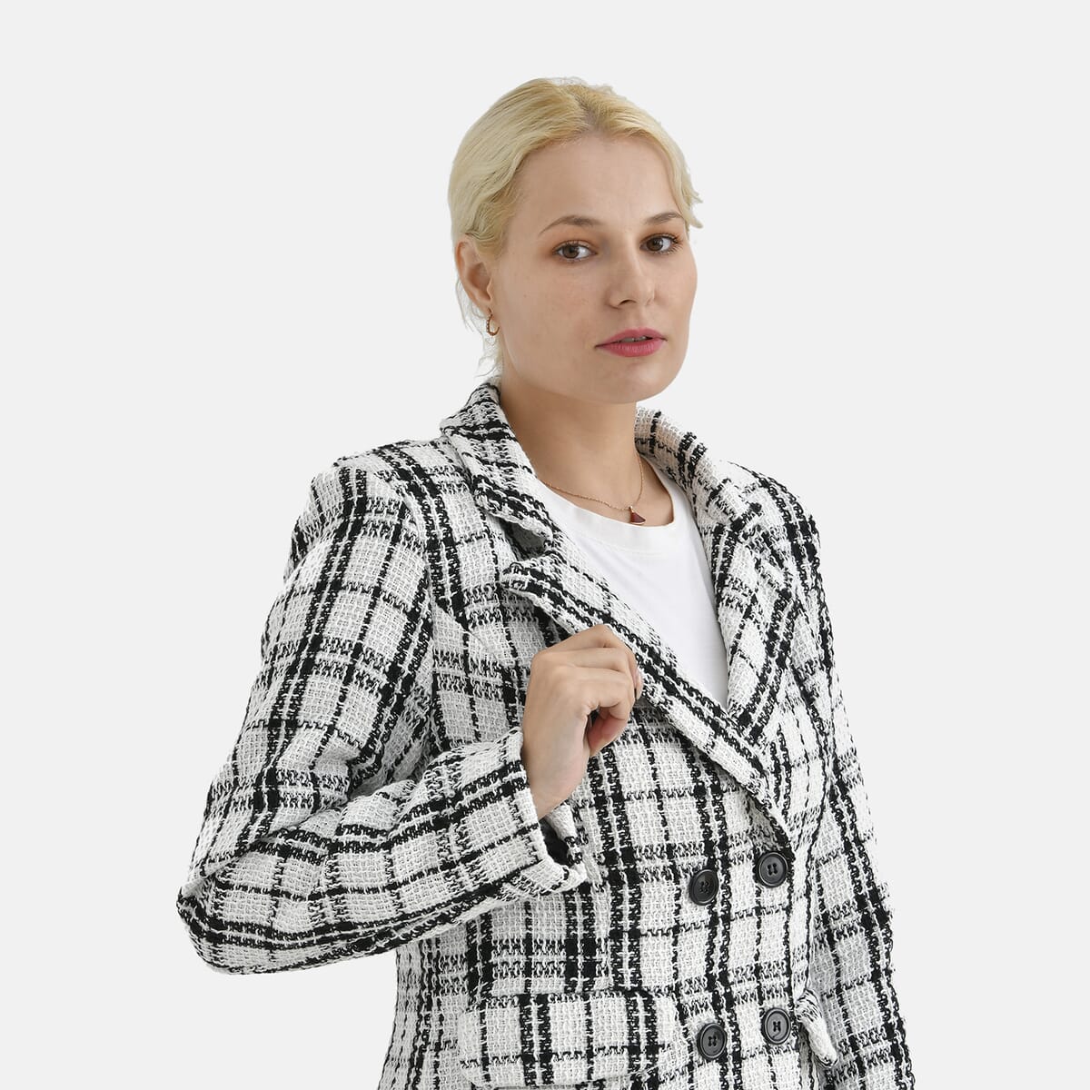 White Plaid Pattern Finely Knit Formal Blazer - M image number 4