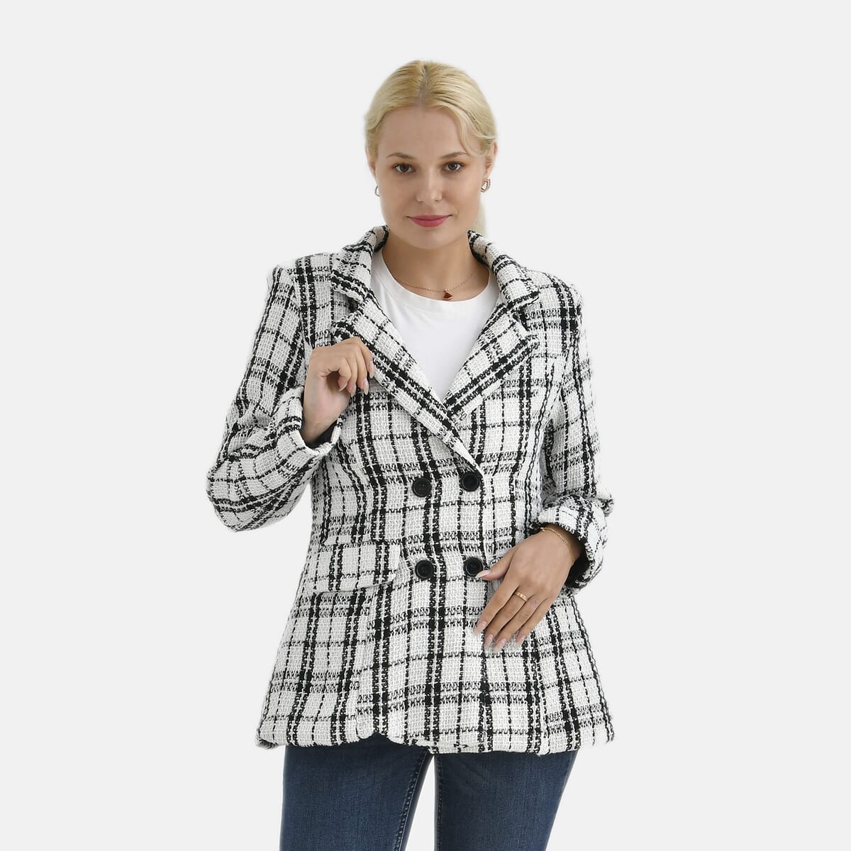 White Plaid Pattern Finely Knit Formal Blazer - XL image number 0