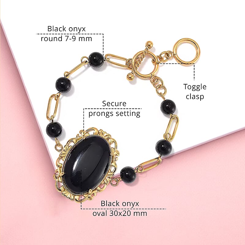 Black Onyx 13.00 ctw Bracelet in ION Plated YG Stainless Steel (7.50-9.0In)
