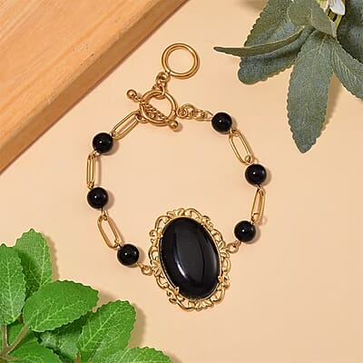 Black Onyx 13.00 ctw Bracelet in ION Plated YG Stainless Steel (7.50-9.0In)