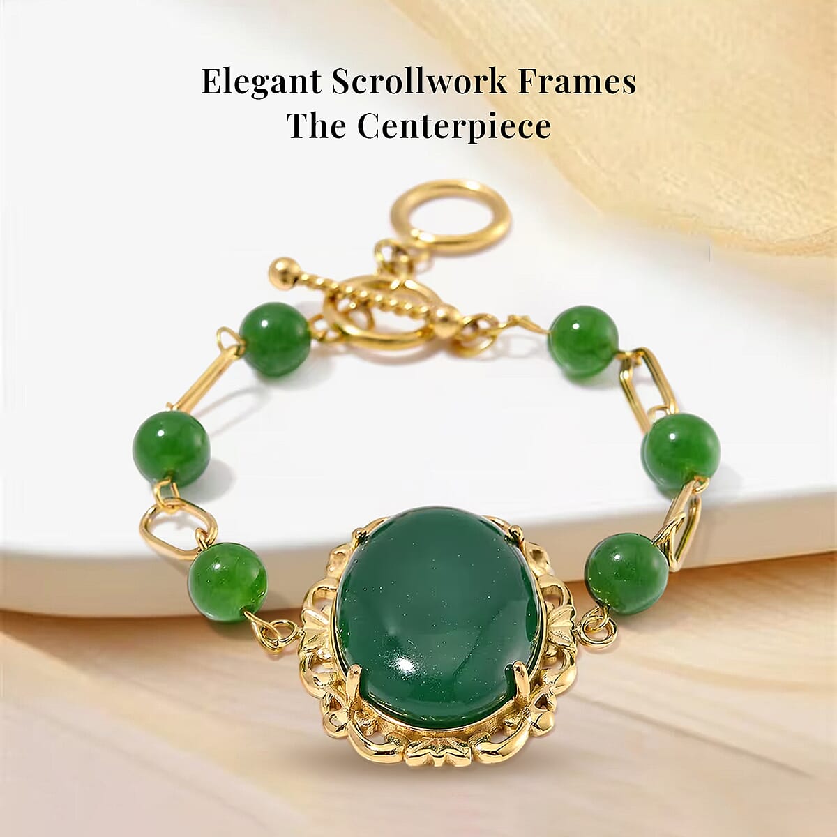Green Onyx 13.00 ctw Bracelet in ION Plated YG Stainless Steel (7.50-9.0In) image number 2