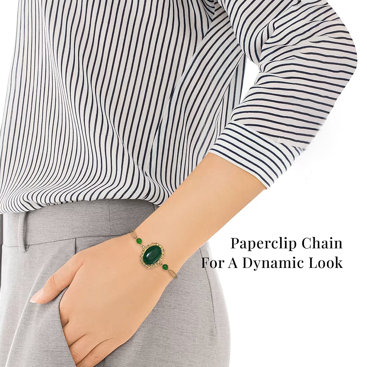 Green Onyx 13.00 ctw Bracelet in ION Plated YG Stainless Steel (7.50-9.0In) image number 3