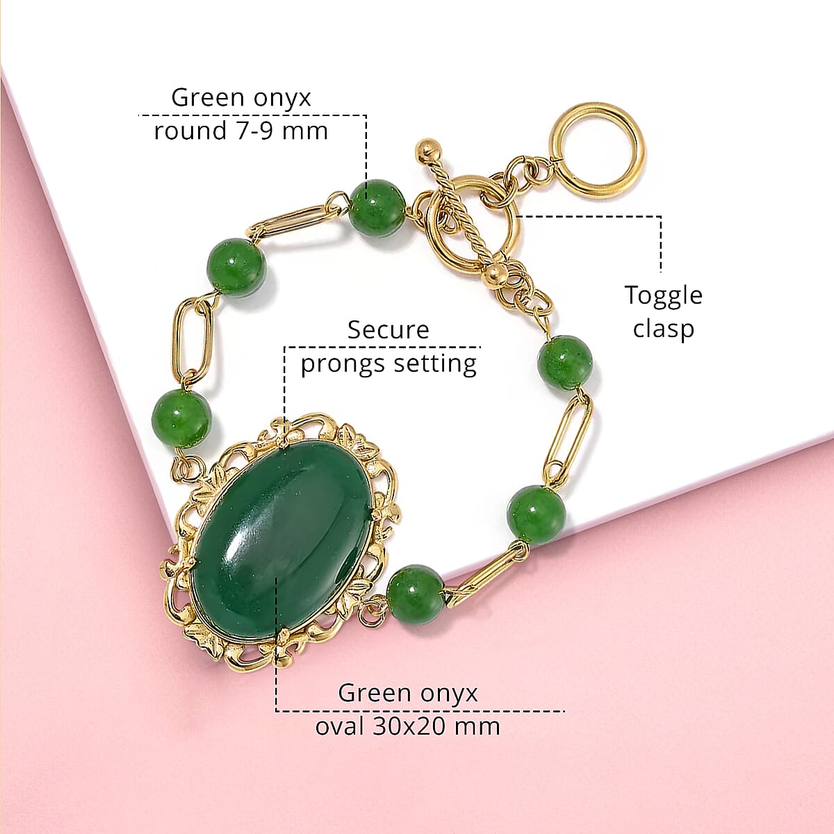 Green Onyx 13.00 ctw Bracelet in ION Plated YG Stainless Steel (7.50-9.0In) image number 4