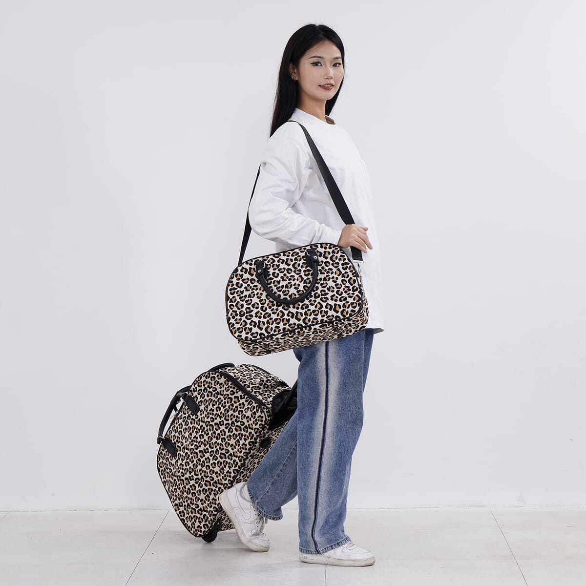 Set of 2 Leopard Print Pattern Wheeled Duffel Travel Bag image number 1