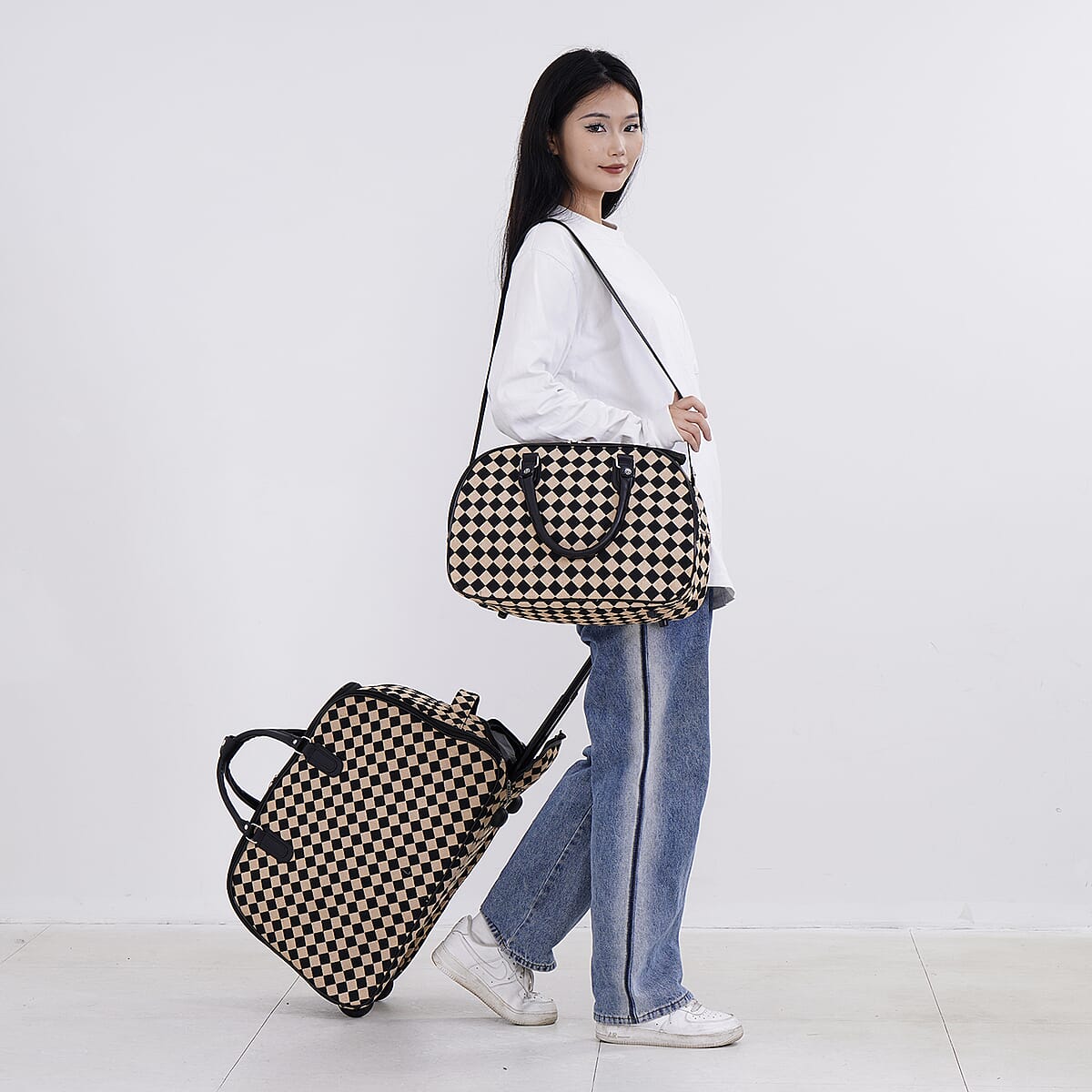 Set of 2 Black and White Diamond Check Pattern Wheeled Duffel Travel Bag image number 1