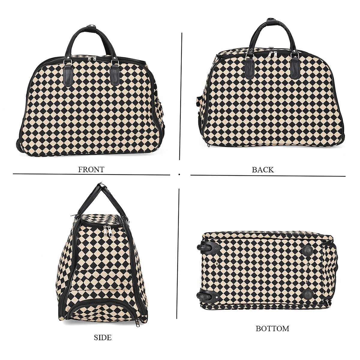 Set of 2 Black and White Diamond Check Pattern Wheeled Duffel Travel Bag image number 3
