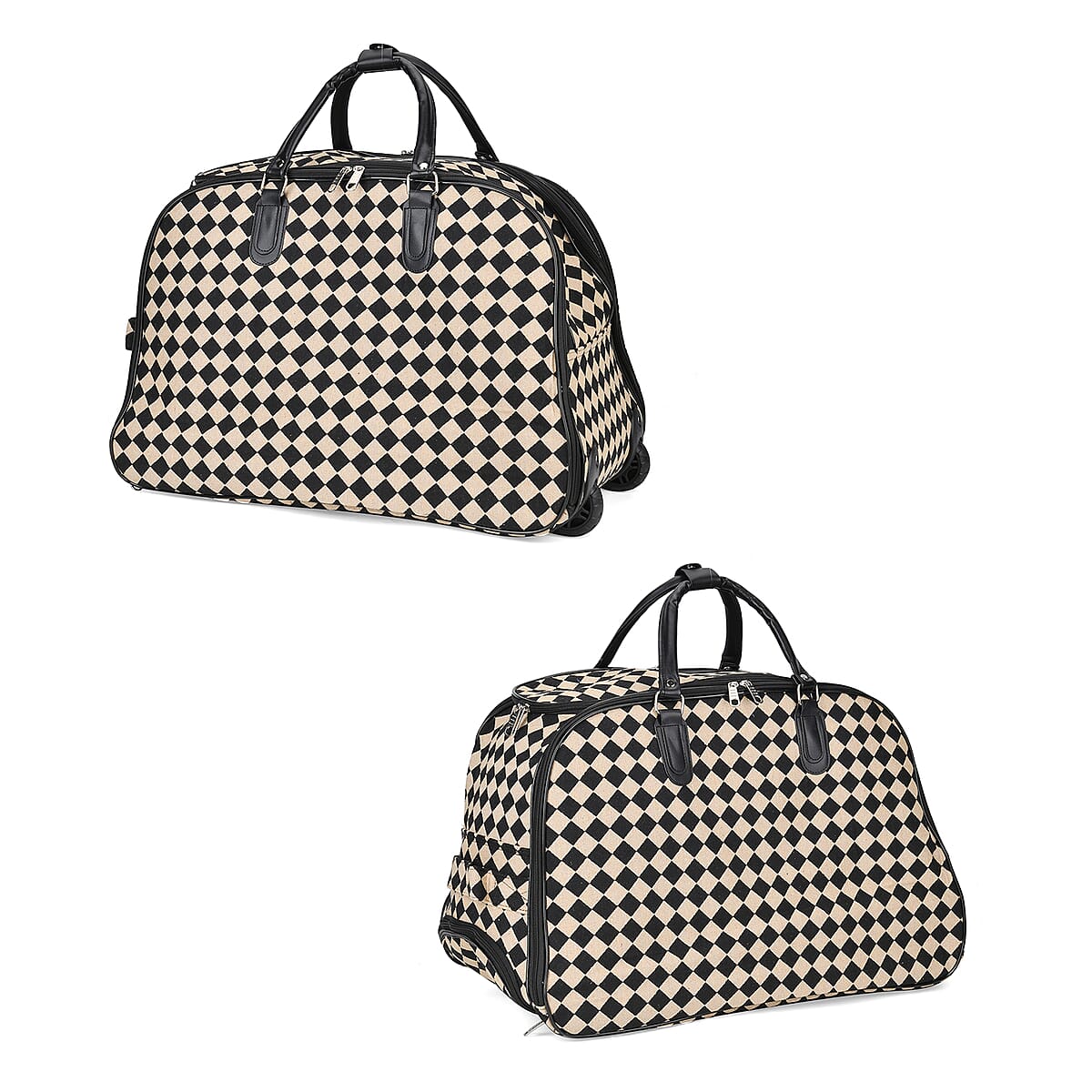 Set of 2 Black and White Diamond Check Pattern Wheeled Duffel Travel Bag image number 4