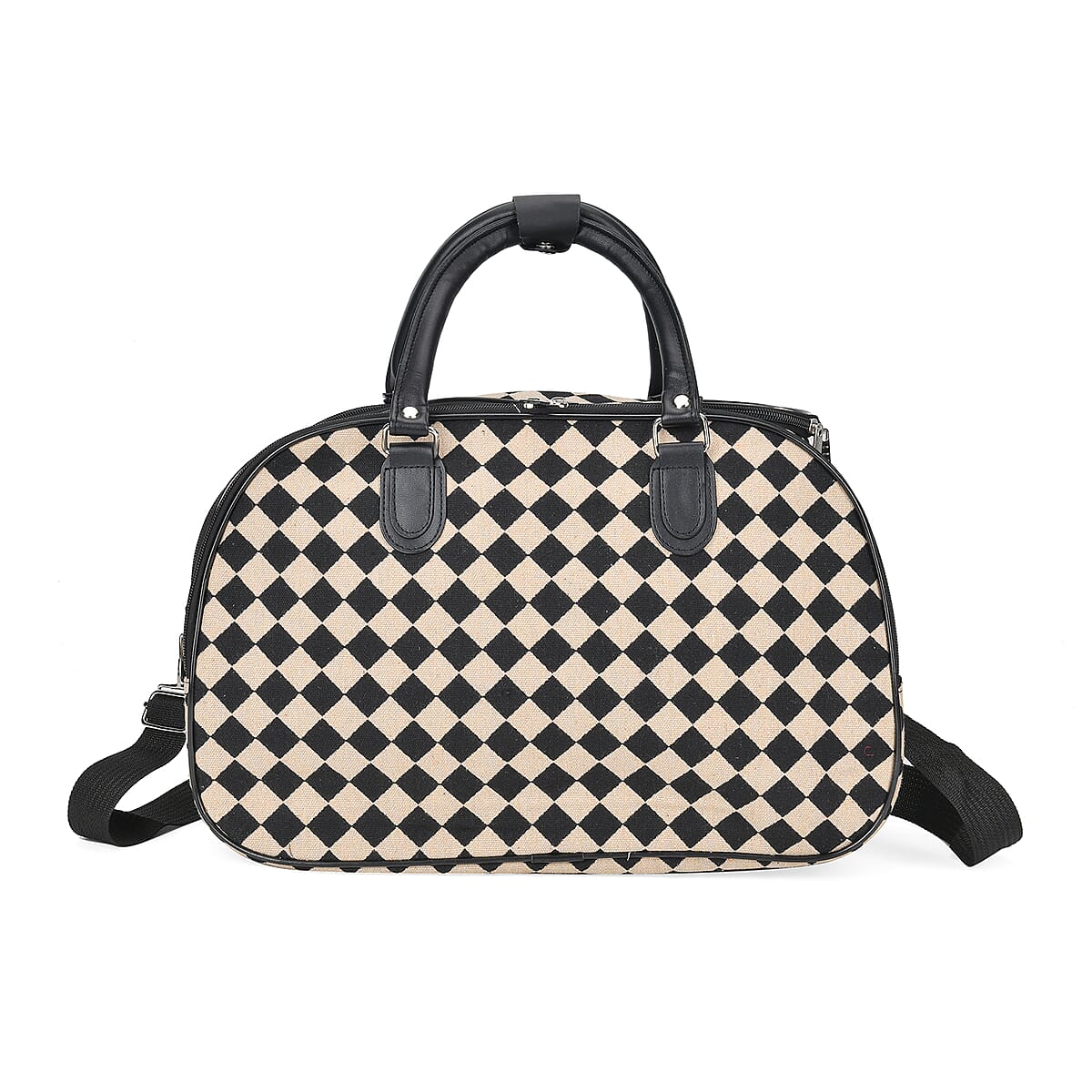 Set of 2 Black and White Diamond Check Pattern Wheeled Duffel Travel Bag image number 6