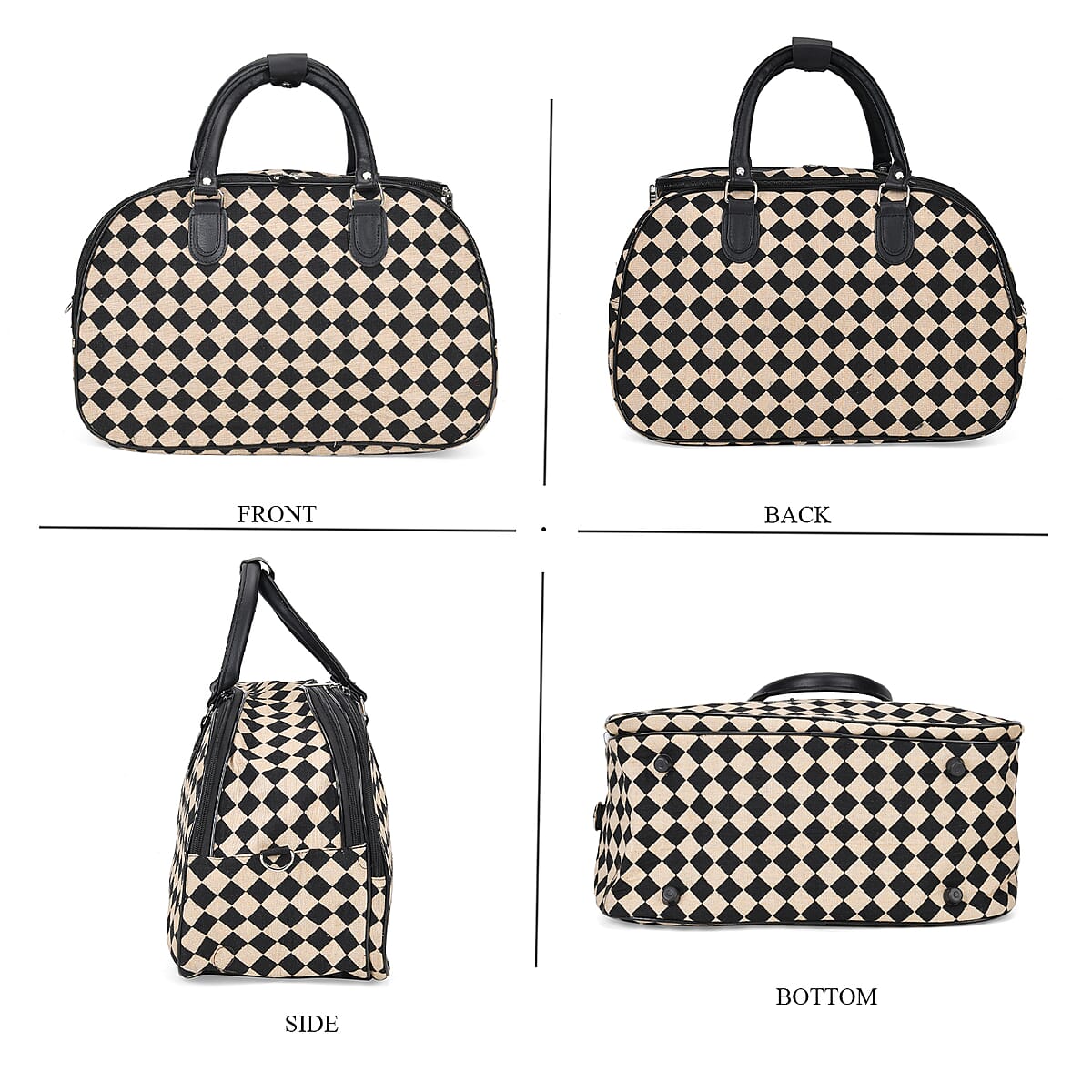 Set of 2 Black and White Diamond Check Pattern Wheeled Duffel Travel Bag image number 7