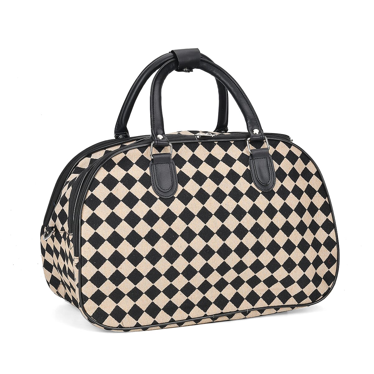 Set of 2 Black and White Diamond Check Pattern Wheeled Duffel Travel Bag image number 8