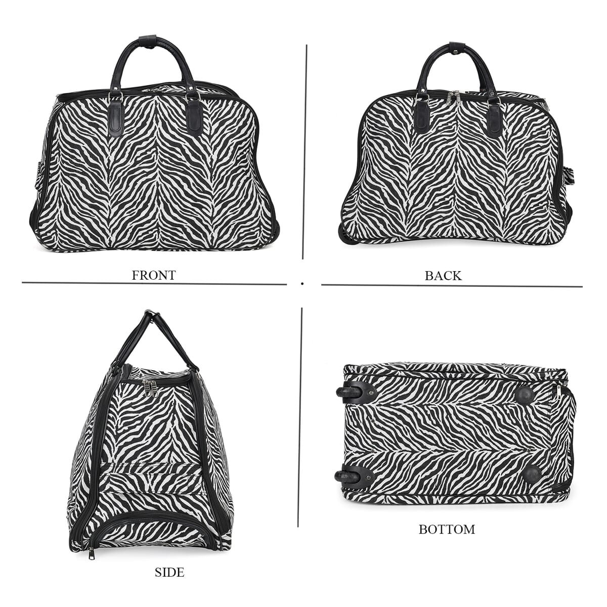 Set of 2 Black and White Zebra Stripe Pattern Wheeled Duffel Travel Bag image number 3