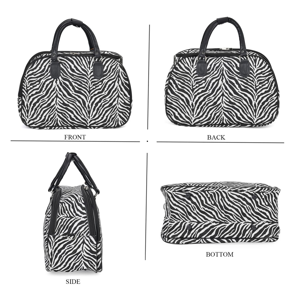 Set of 2 Black and White Zebra Stripe Pattern Wheeled Duffel Travel Bag image number 7