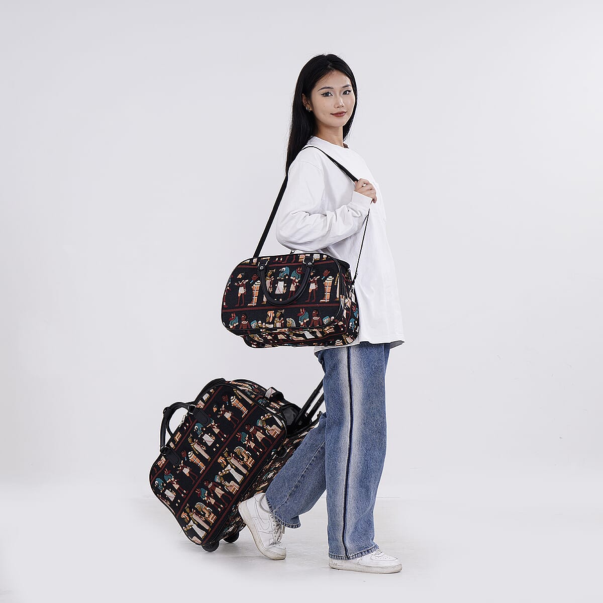 Set of 2 Greek Fresco Pattern Wheeled Duffel Travel Bag image number 1