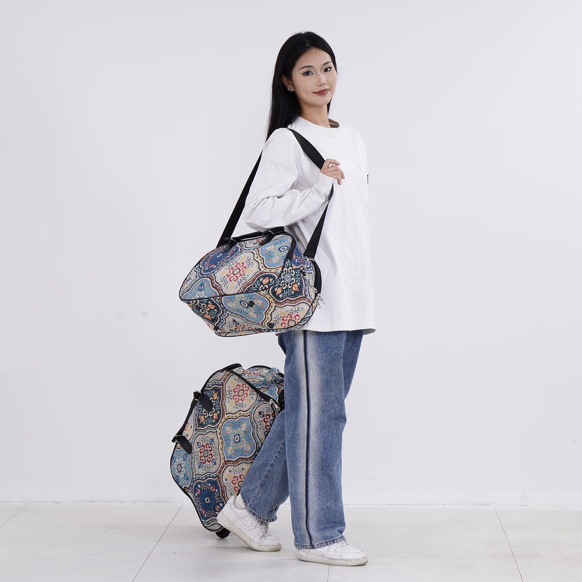 Set of 2 Geometric Pattern Wheeled Duffel Travel Bag image number 1