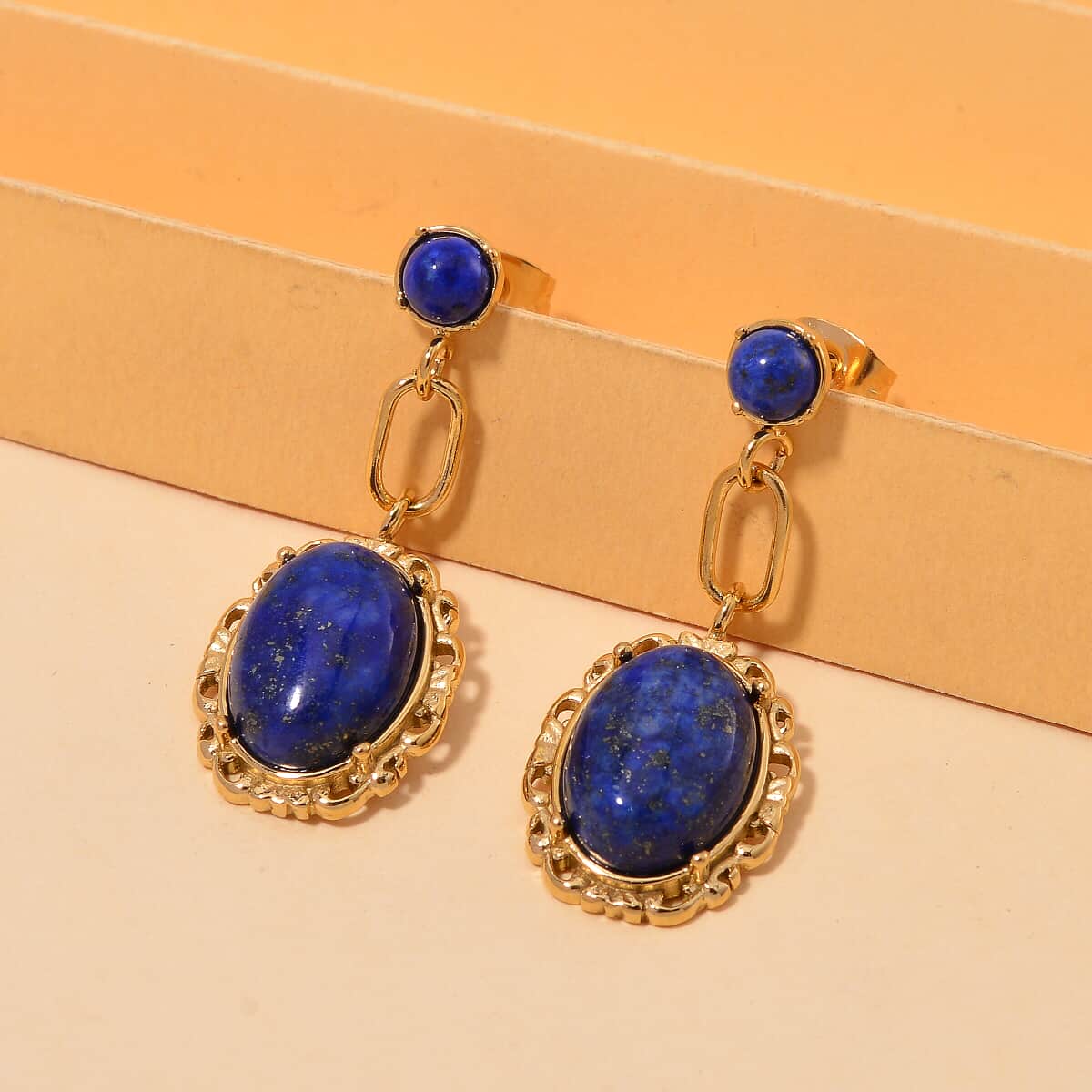 Lapis Lazuli 8.60 ctw Dangle Earrings ION Plated Yellow Gold Stainless Steel image number 1