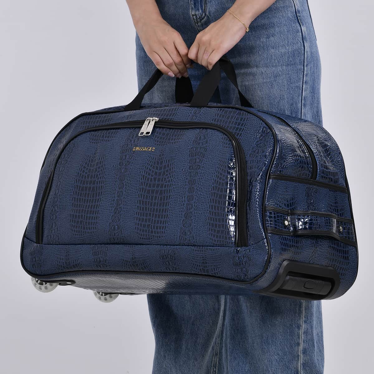 Doorbuster Passage Blue Crocodile Embossed Faux Leather Travel Bag with Adjustable Handle and Wheel image number 2