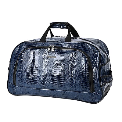 Passage Blue Crocodile Embossed Faux Leather Travel Bag with Adjustable Handle and Wheel (23.2x13.8x11.8)
