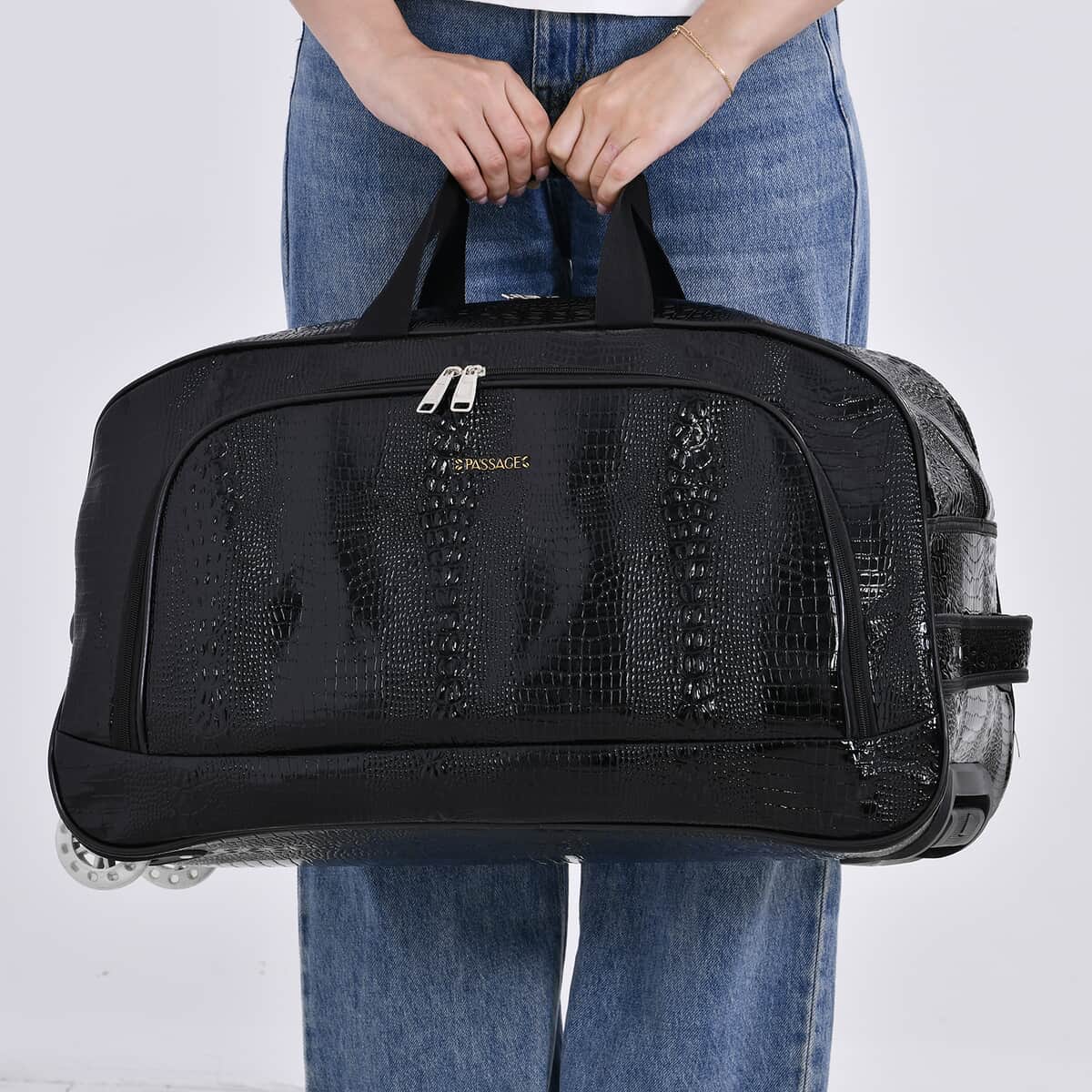 Doorbuster Passage Black Crocodile Embossed Faux Leather Travel Bag with Adjustable Handle and Wheel image number 2