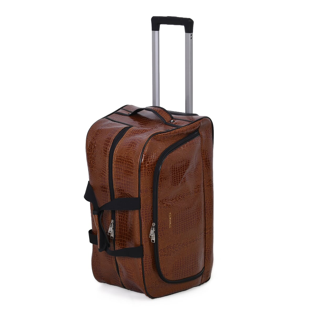 Passage Brown Crocodile Embossed Faux Leather Travel Bag with Adjustable Handle and Wheel image number 0