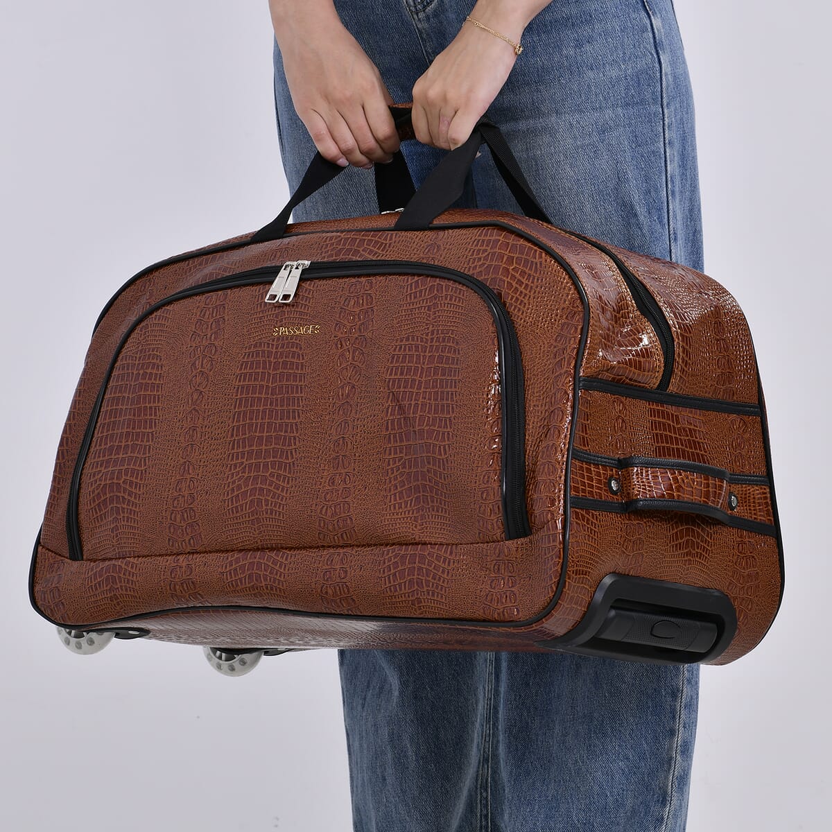 Passage Brown Crocodile Embossed Faux Leather Travel Bag with Adjustable Handle and Wheel image number 2