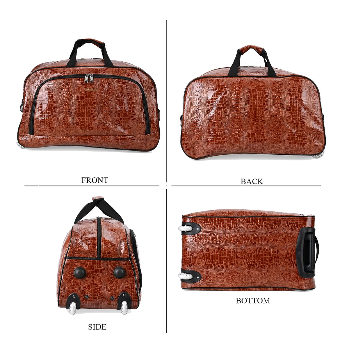 Passage Brown Crocodile Embossed Faux Leather Travel Bag with Adjustable Handle and Wheel image number 4