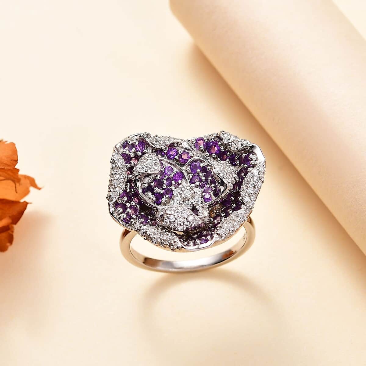 GP Italian Garden Collection African Amethyst, White Zircon Ring in Rhodium Over Sterling Silver (Size 10.0) 2.60 ctw image number 1