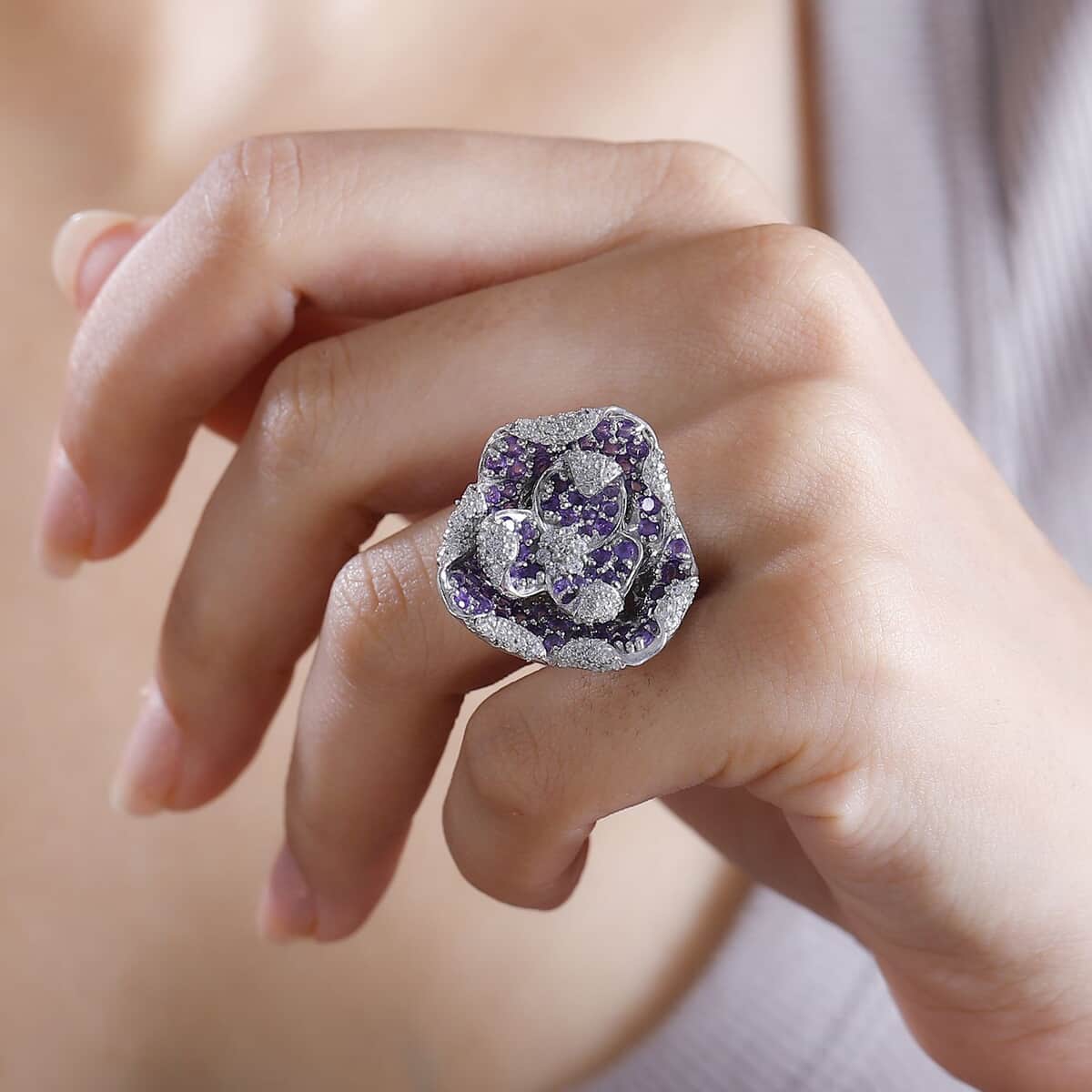 GP Italian Garden Collection African Amethyst, White Zircon Ring in Rhodium Over Sterling Silver (Size 10.0) 2.60 ctw image number 2