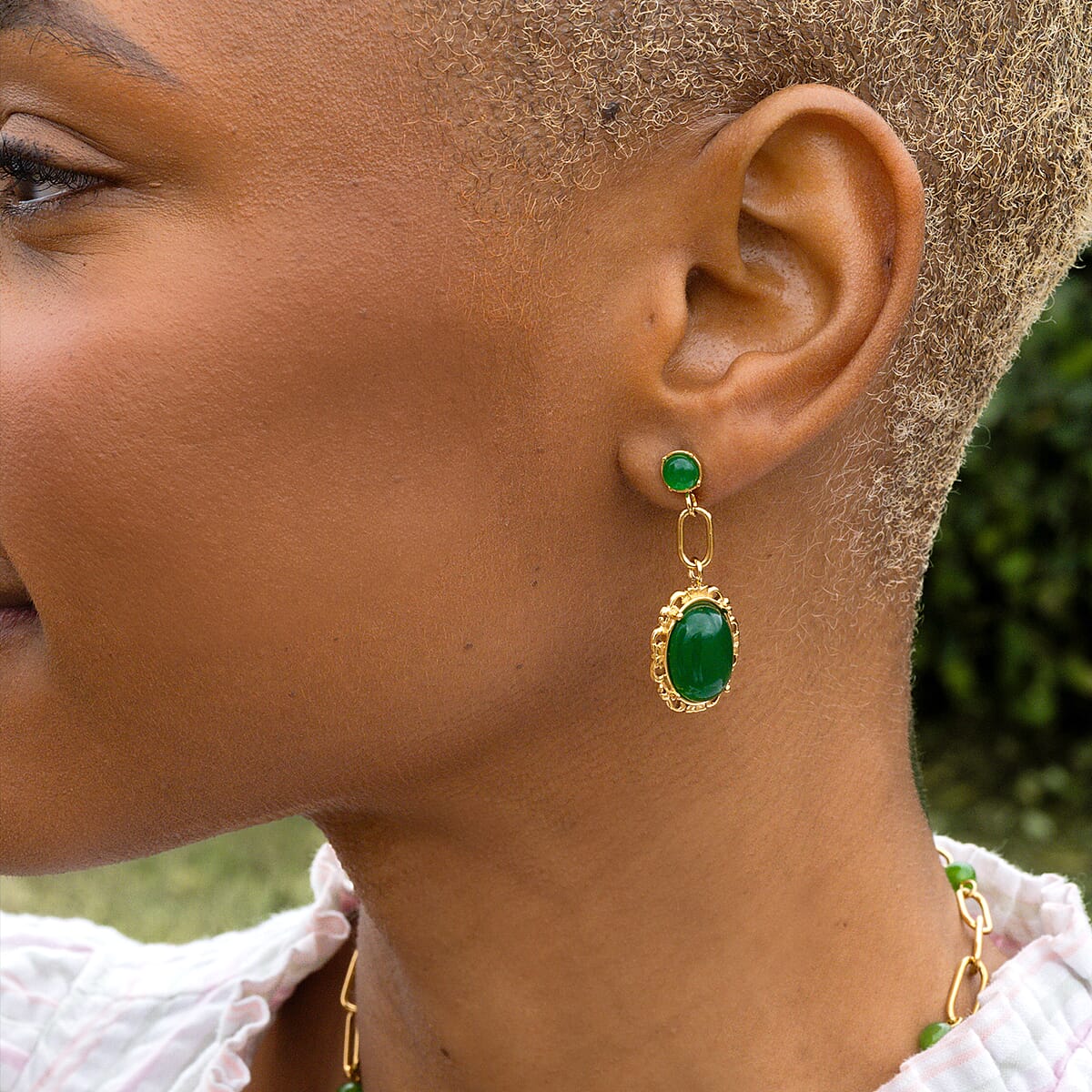 Green Onyx 8.60 ctw Dangle Earrings ION Plated Yellow Gold Stainless Steel image number 1