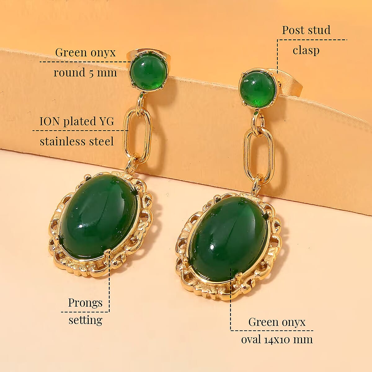 Green Onyx 8.60 ctw Dangle Earrings ION Plated Yellow Gold Stainless Steel image number 4
