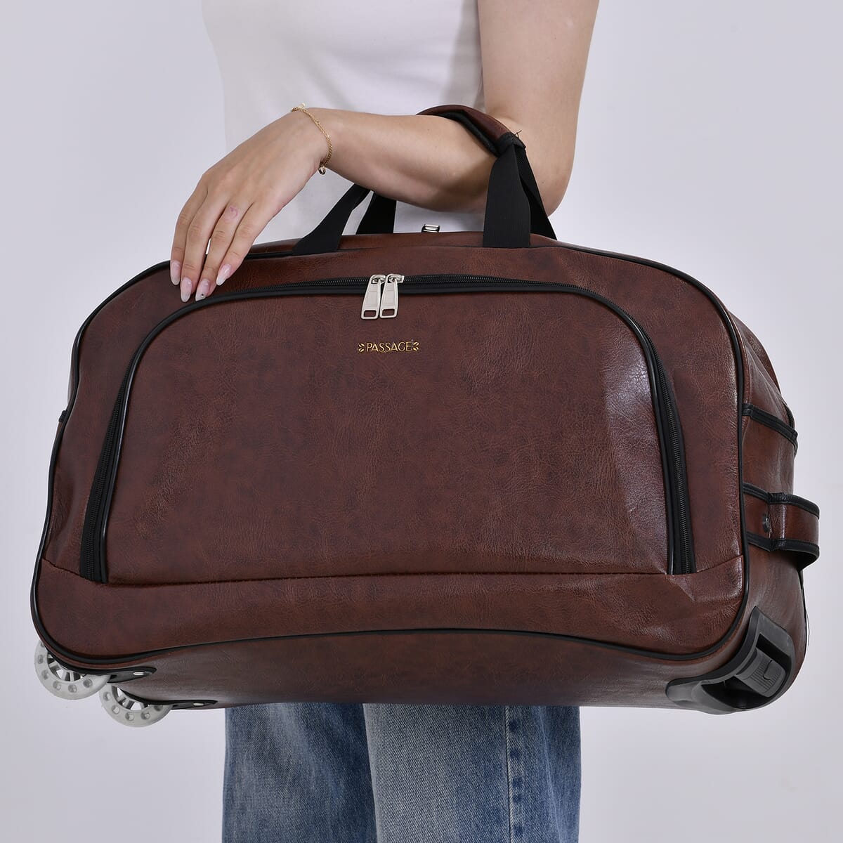 Passage Brown Faux Leather Travel Bag with Adjustable Handle and Wheel image number 2
