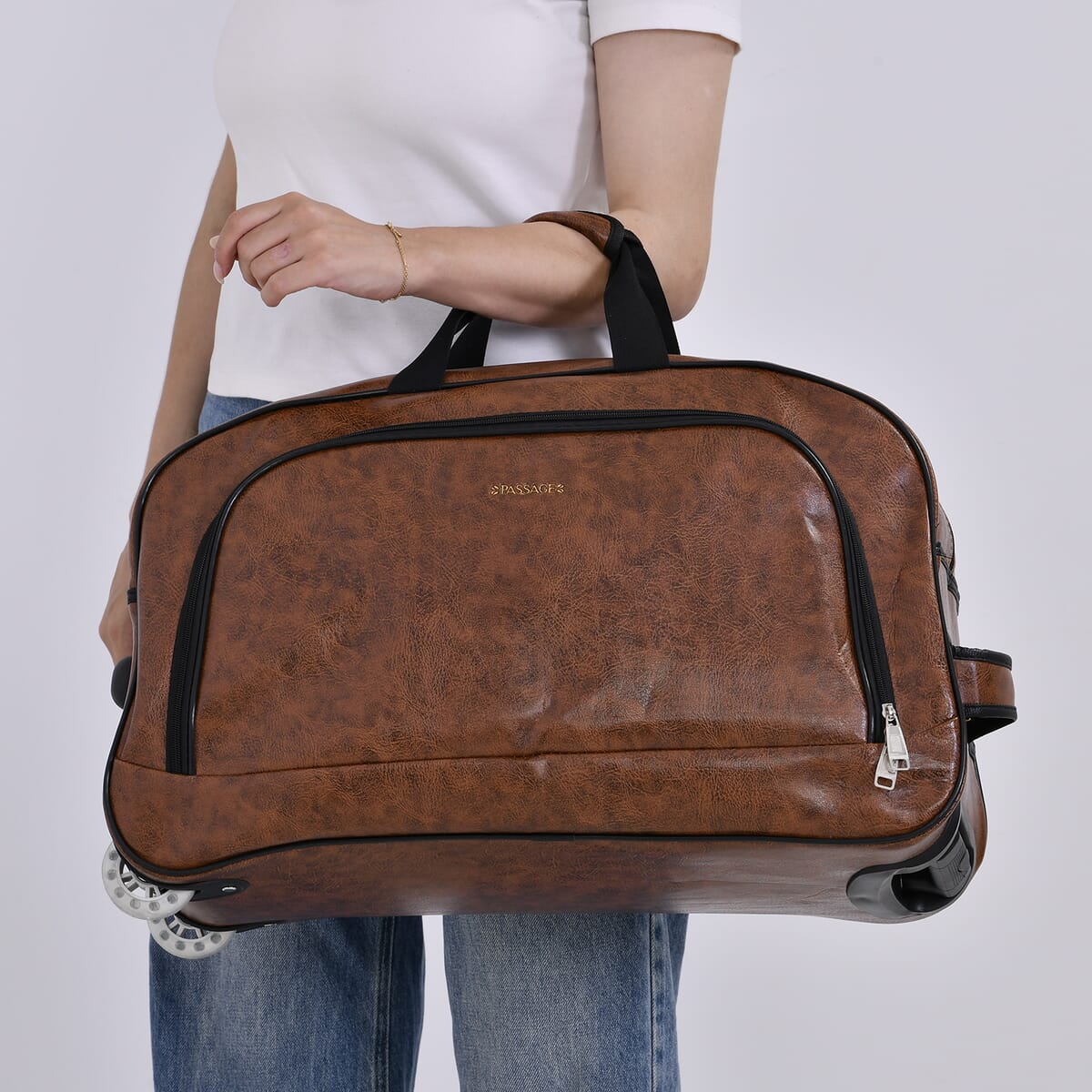 Passage Coffee Faux Leather Travel Bag with Adjustable Handle and Wheel image number 2