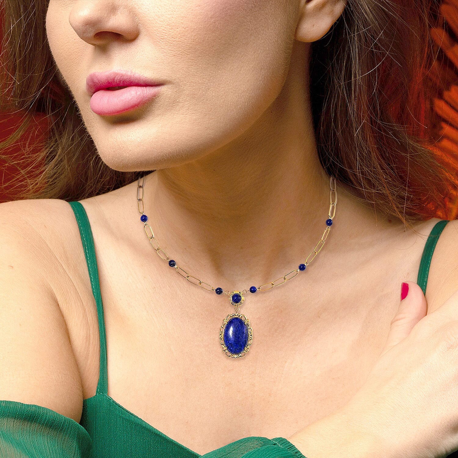 Lapis Lazuli 14.00 ctw Necklace in ION Plated Yellow Gold Stainless Steel 20-22 Inches