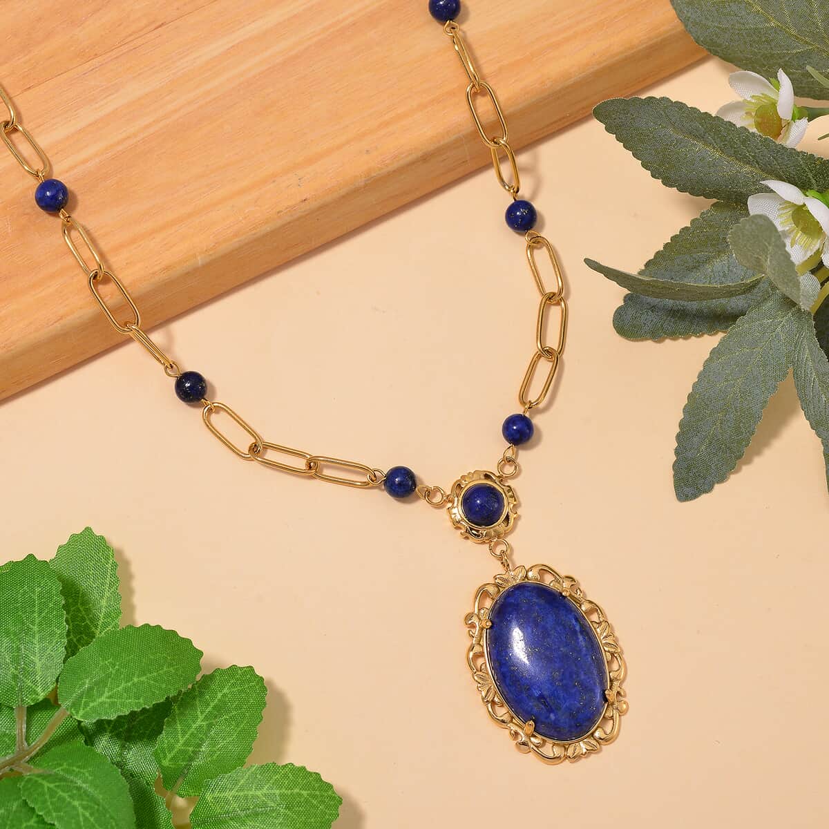 Lapis Lazuli 14.00 ctw Necklace in ION Plated Yellow Gold Stainless Steel 20-22 Inches image number 1