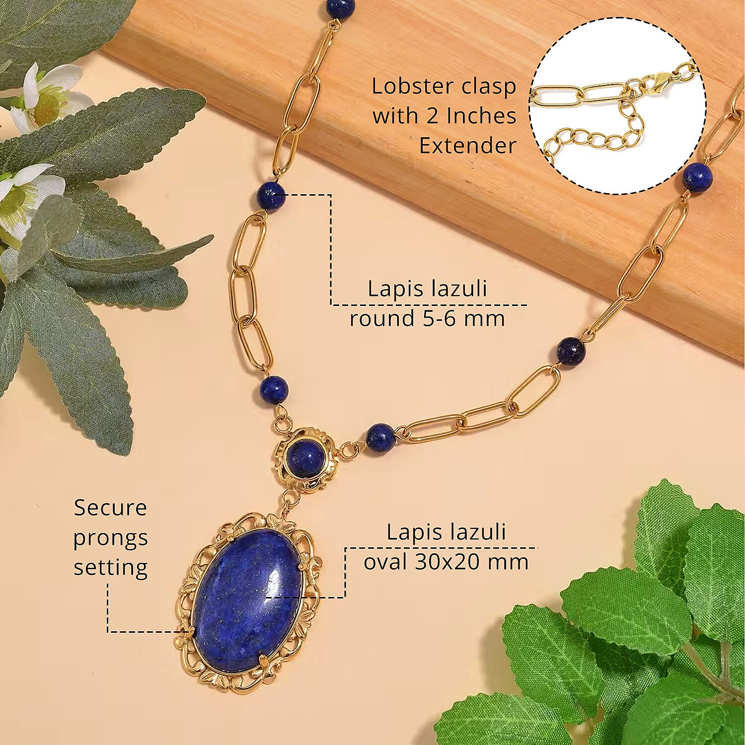 Lapis Lazuli 14.00 ctw Necklace in ION Plated Yellow Gold Stainless Steel 20-22 Inches