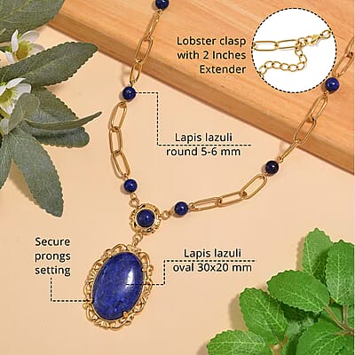 Lapis Lazuli 14.00 ctw Necklace in ION Plated Yellow Gold Stainless Steel 20-22 Inches