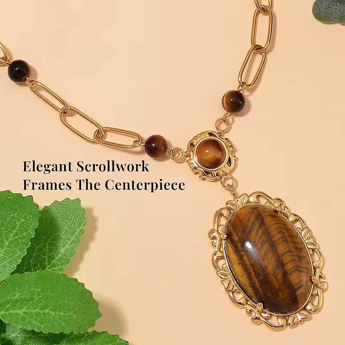 Yellow Tigers Eye 14.00 ctw Necklace in ION Plated Yellow Gold Stainless Steel 20-22 Inches image number 2