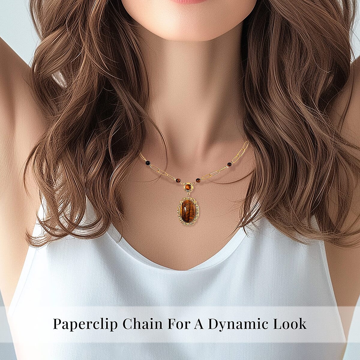 Yellow Tigers Eye 14.00 ctw Necklace in ION Plated Yellow Gold Stainless Steel 20-22 Inches image number 3