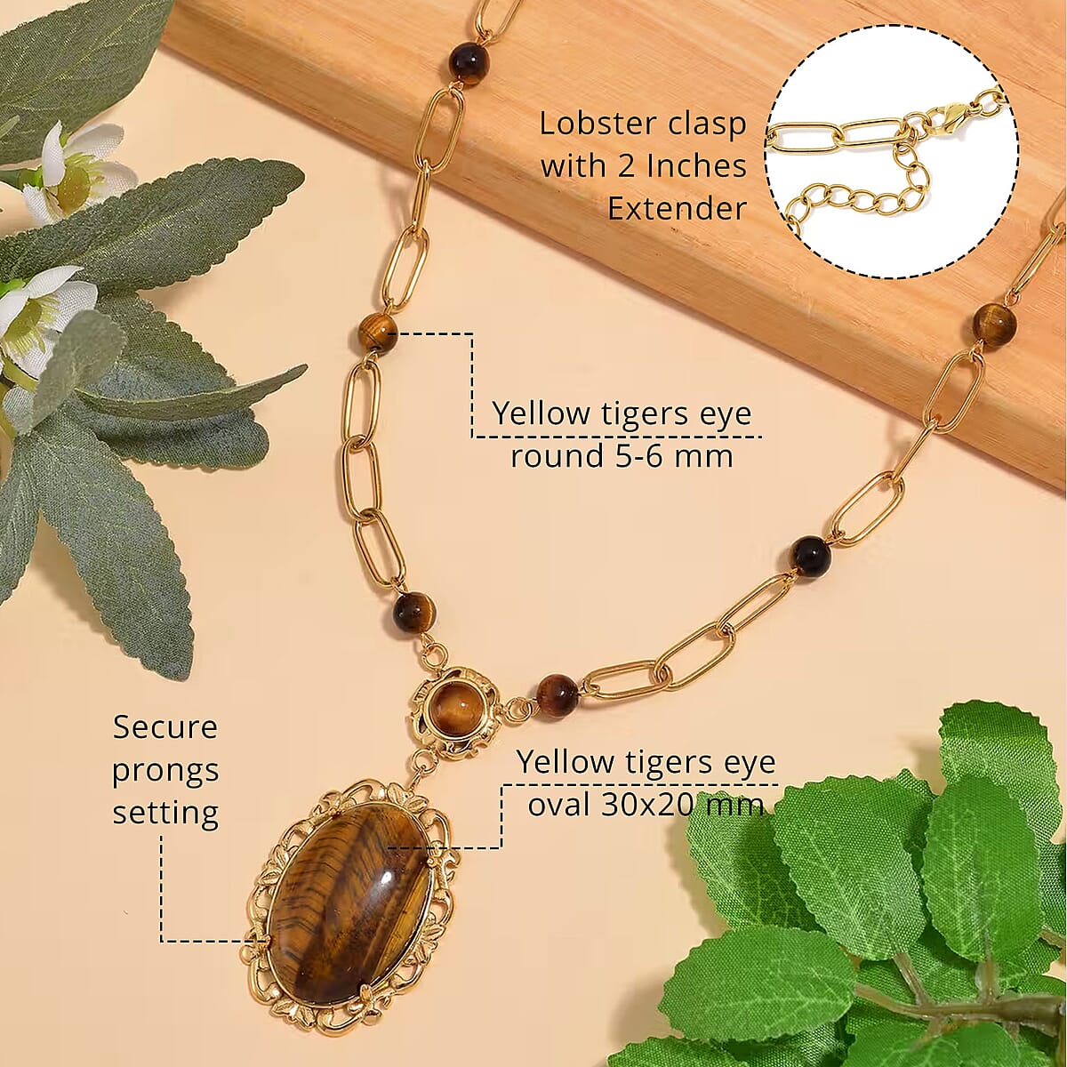 Yellow Tigers Eye 14.00 ctw Necklace in ION Plated Yellow Gold Stainless Steel 20-22 Inches image number 4