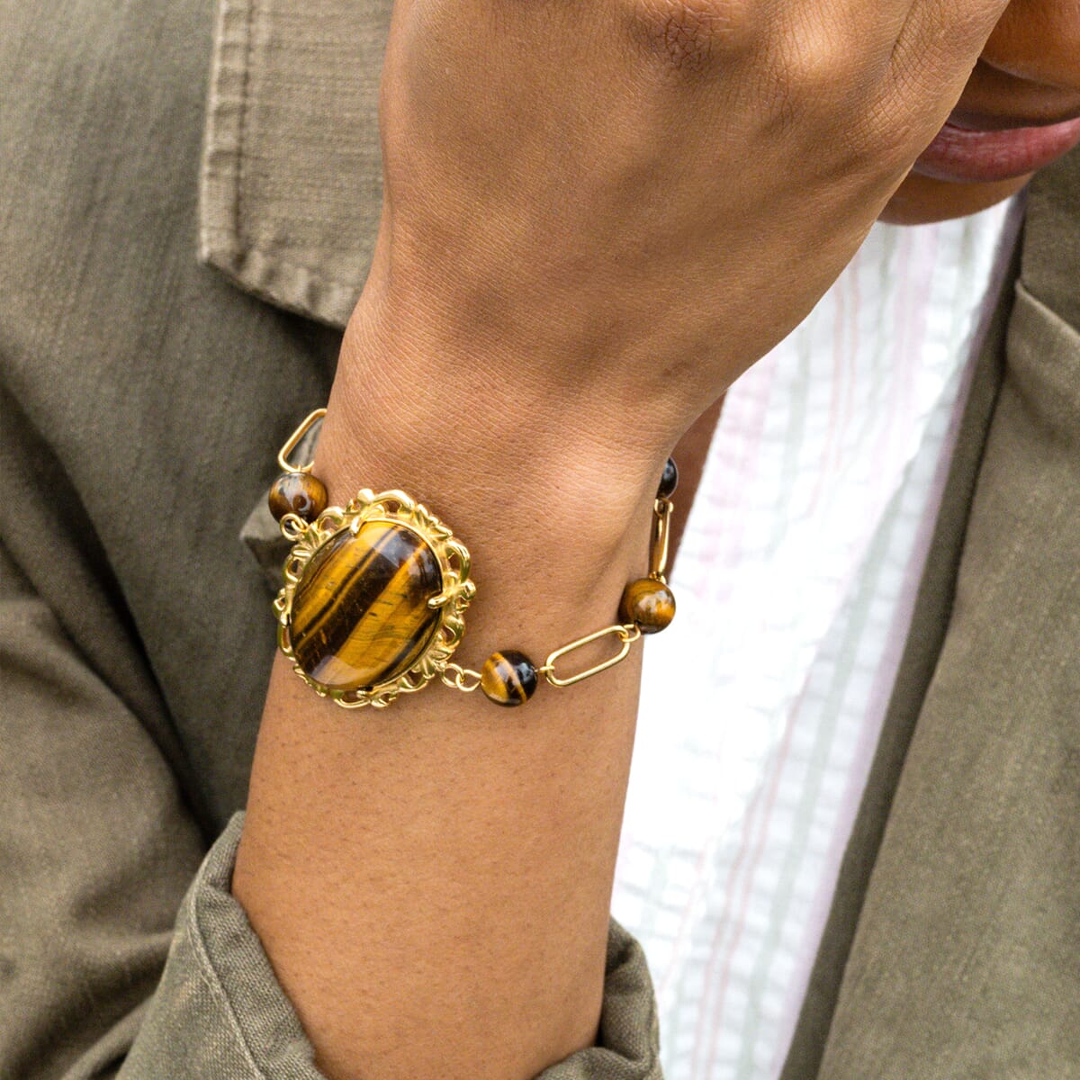 Yellow Tigers Eye 13.00 ctw Bracelet in ION Plated YG Stainless Steel (7.50-9.0In) image number 1