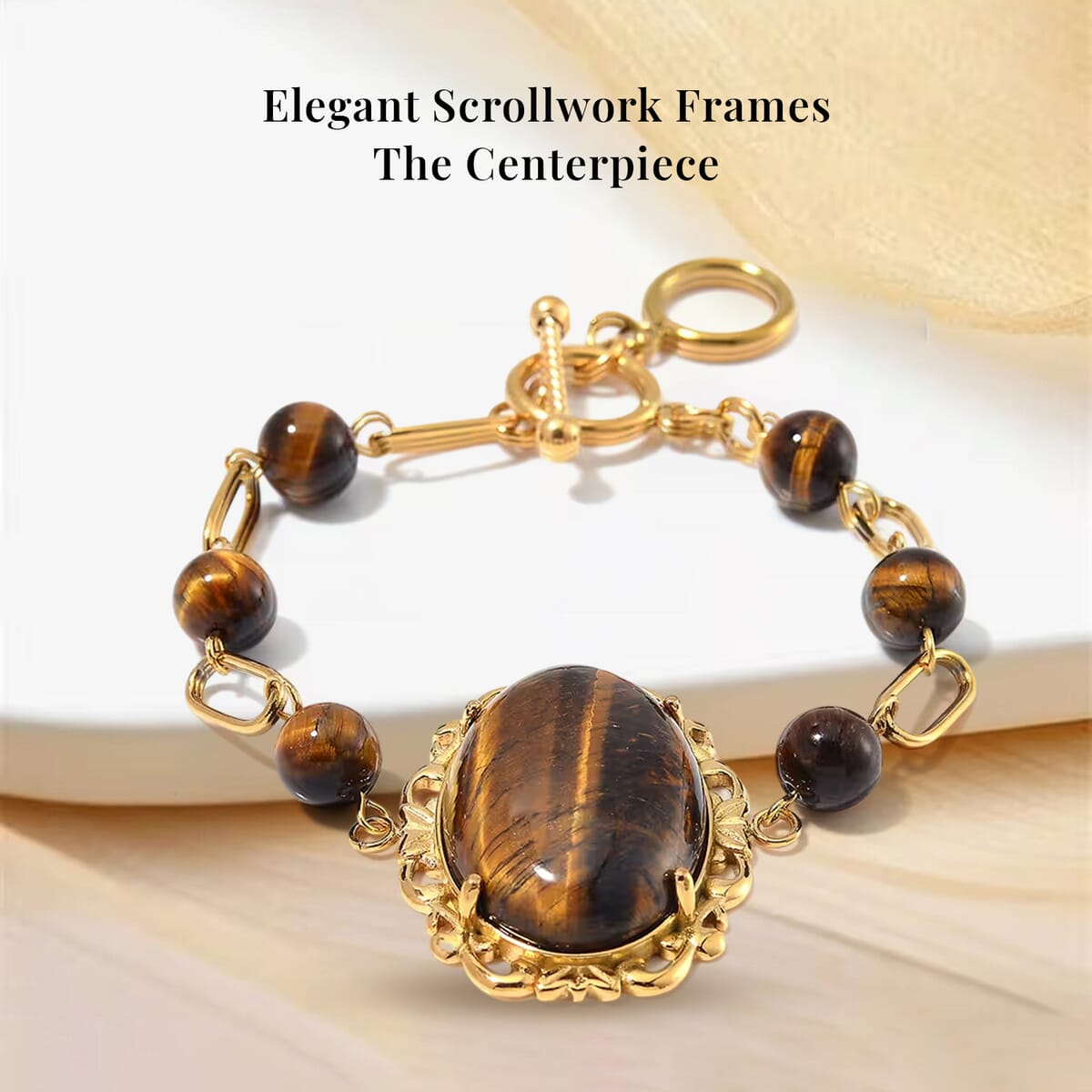 Yellow Tigers Eye 13.00 ctw Bracelet in ION Plated YG Stainless Steel (7.50-9.0In) image number 2