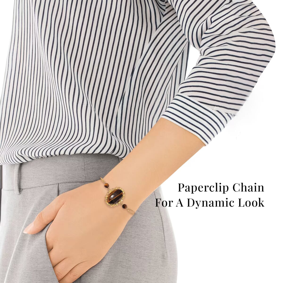 Yellow Tigers Eye 13.00 ctw Bracelet in ION Plated YG Stainless Steel (7.50-9.0In) image number 3