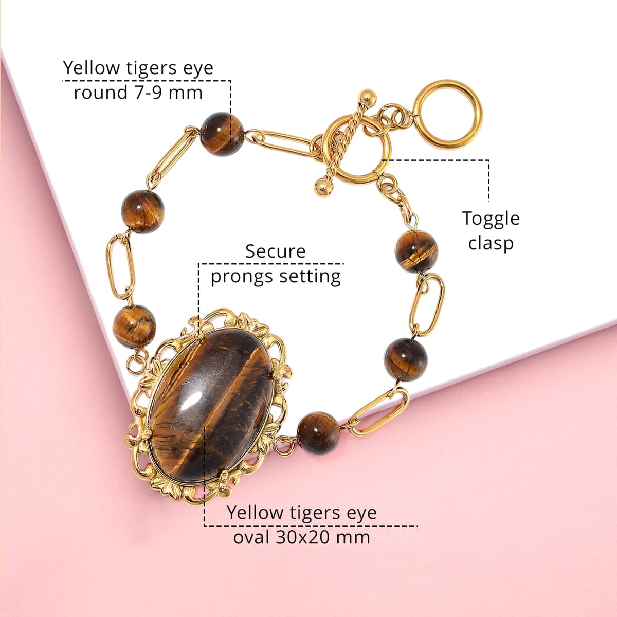 Yellow Tigers Eye 13.00 ctw Bracelet in ION Plated YG Stainless Steel (7.50-9.0In) image number 4