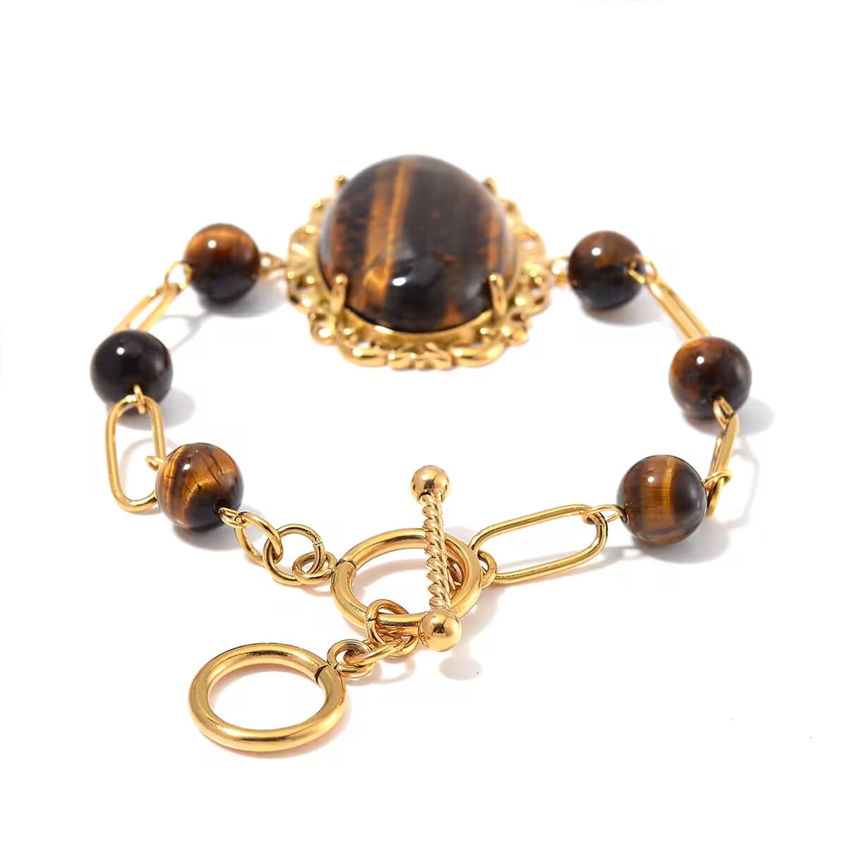 Yellow Tigers Eye 13.00 ctw Bracelet in ION Plated YG Stainless Steel (7.50-9.0In) image number 9