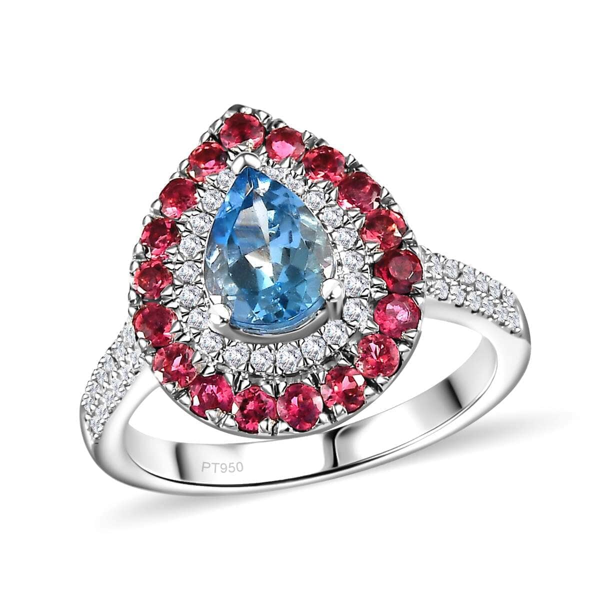 Certified & Appraised Rhapsody AAAA Santa Maria Aquamarine, Ouro Fino Rubellite and E-F VS Diamond 2.00 ctw Double Halo Ring in 950 Platinum (Size 10.0) 6.78 Grams image number 0