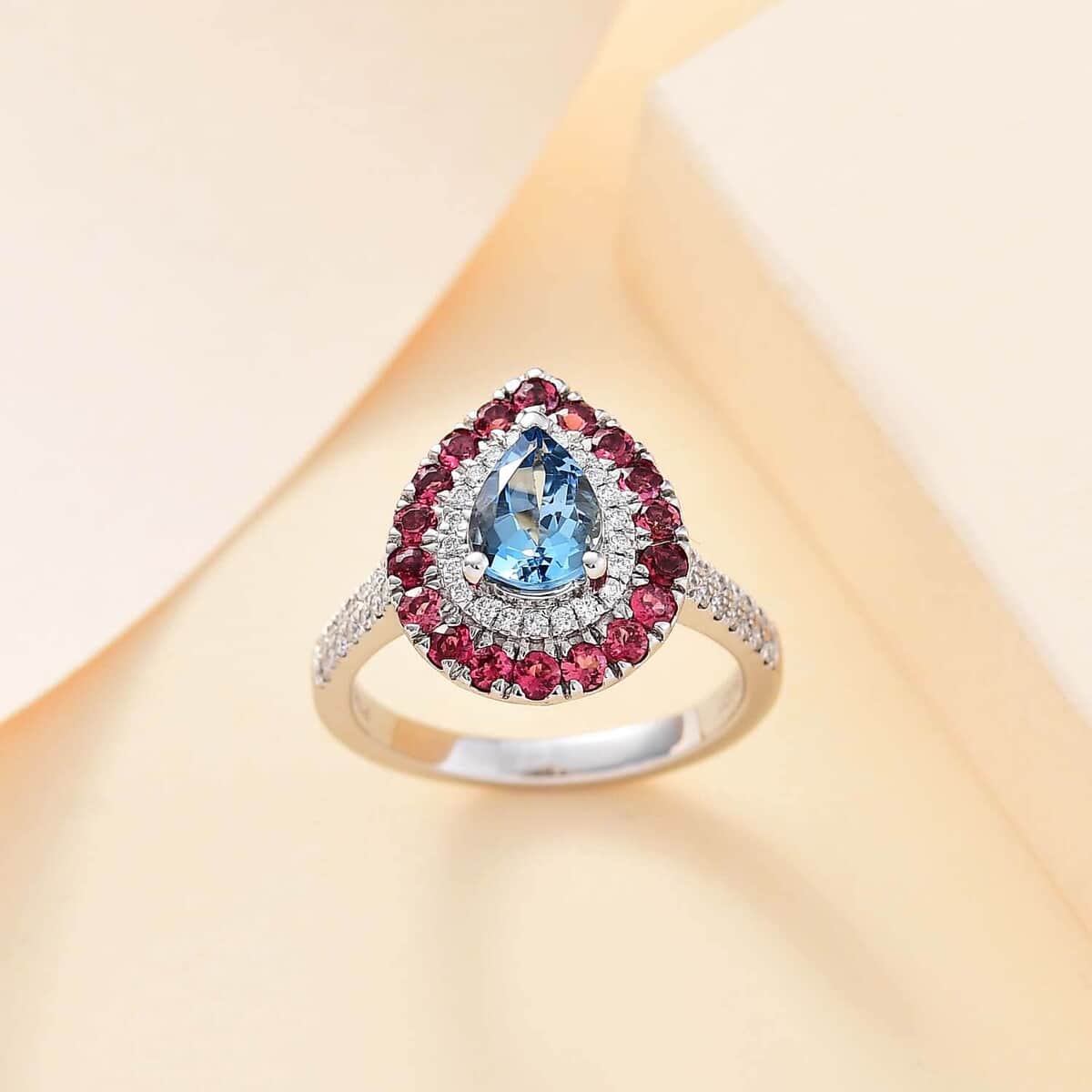 Certified & Appraised Rhapsody AAAA Santa Maria Aquamarine, Ouro Fino Rubellite and E-F VS Diamond 2.00 ctw Double Halo Ring in 950 Platinum (Size 10.0) 6.78 Grams image number 1