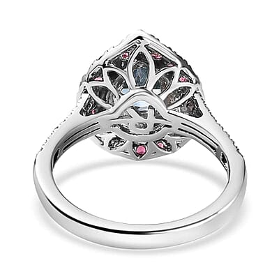 Certified & Appraised Rhapsody AAAA Santa Maria Aquamarine, Ouro Fino Rubellite and E-F VS Diamond 2.00 ctw Double Halo Ring in 950 Platinum (Size 10.0) 6.78 Grams