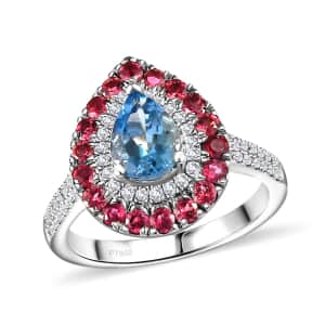 Certified & Appraised Rhapsody AAAA Santa Maria Aquamarine, Ouro Fino Rubellite and E-F VS Diamond 2.00 ctw Double Halo Ring in 950 Platinum (Size 6.0) 6.78 Grams