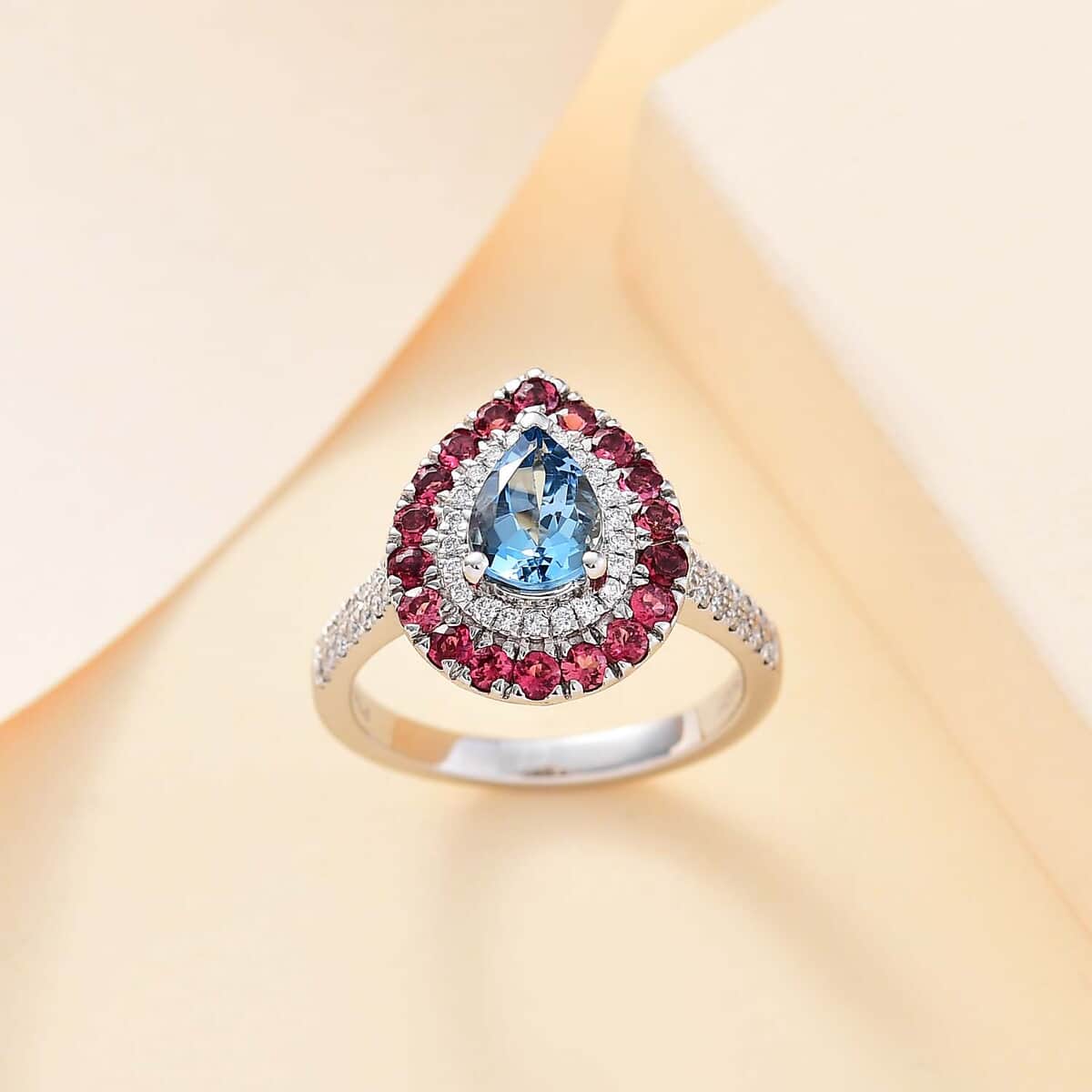 Certified & Appraised Rhapsody AAAA Santa Maria Aquamarine, Ouro Fino Rubellite and E-F VS Diamond 2.00 ctw Double Halo Ring in 950 Platinum (Size 6.0) 6.78 Grams image number 1