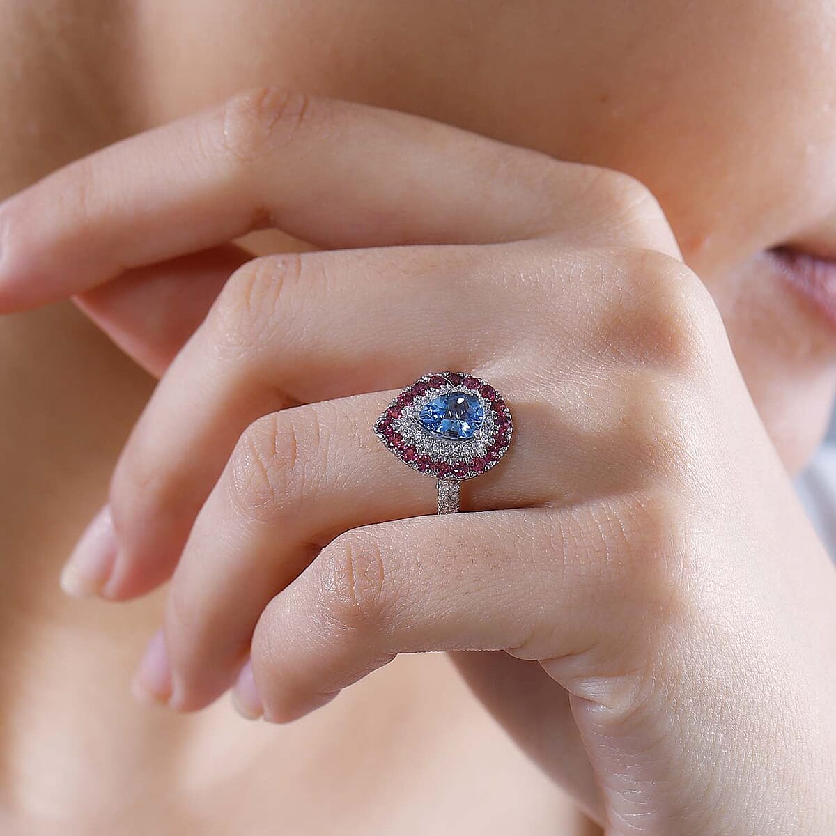 Certified & Appraised Rhapsody AAAA Santa Maria Aquamarine, Ouro Fino Rubellite and E-F VS Diamond 2.00 ctw Double Halo Ring in 950 Platinum (Size 7.0) 6.78 Grams image number 2