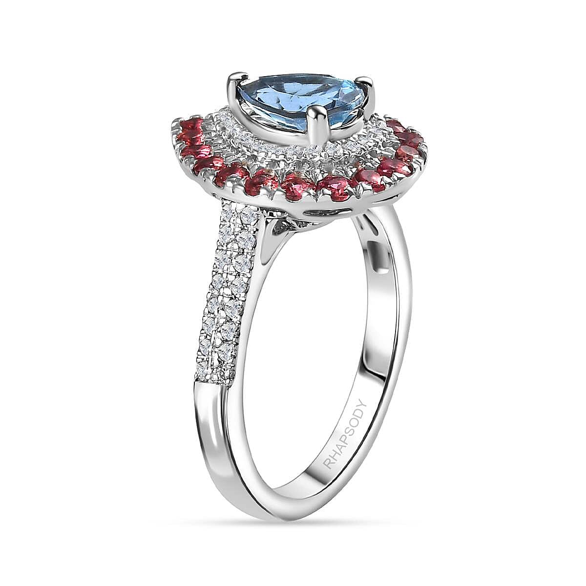 Certified & Appraised Rhapsody AAAA Santa Maria Aquamarine, Ouro Fino Rubellite and E-F VS Diamond 2.00 ctw Double Halo Ring in 950 Platinum (Size 7.0) 6.78 Grams image number 3